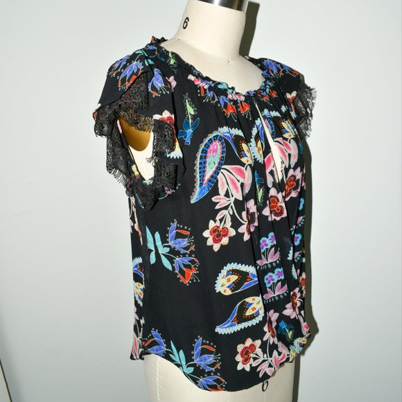 Dark Lacy Floral Paisley Printed Silk Lace Ruffle Sleeve Blouse - Picture 4 of 10